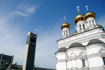 Fototapeta premium Church of Alexandr Nevsky and railway station tower in Tver