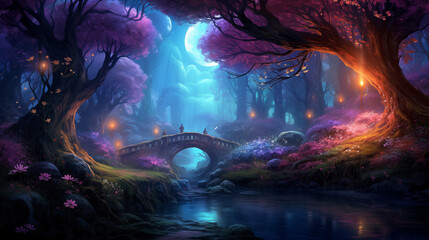 Beautiful magical forest with glowing lights and mushrooms