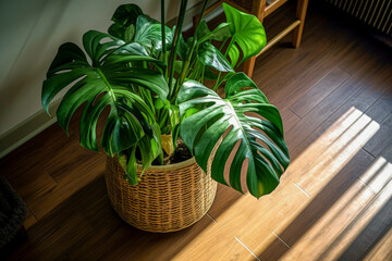 Ornamental green houseplant Monstera with wide leaves stands on floor in beige wicker pot. Boho style. Side natural lighting, sun's rays. Close-up.