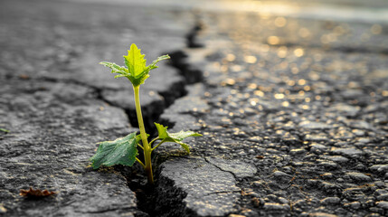 One young sprout breaks through hard surface of asphalt, tearing it, creating cracks, symbolizing strength and determination. Life persistently breaks out, making its way to light and opportunities