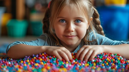A little girl of eight years old collects beads for herself from multi-colored plastic round beads