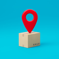 Red sign or geolocation marker placed over a cardboard box for goods delivery isolated on a blue background. Delivery sign or symbol. 3d render
