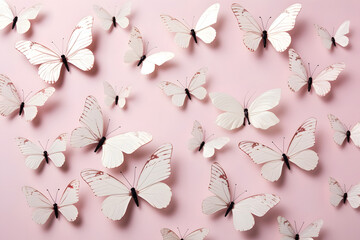 Beautiful white butterflies on pink background, flat lay. Space for text