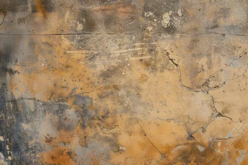 Fotobehang A textured concrete wall with a grungy mix of orange and black tones and visible cracks. © Enigma