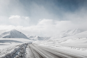 snow winter mountain road. blizzard. - 722385622