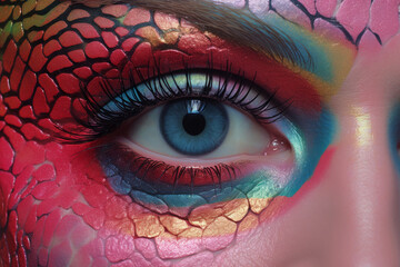  90s eye makeup, a close-up photo capturing the intricate detail of a creative makeup artistry, showcasing a vibrant mix of colors and textures around an eye, the new nostalgia