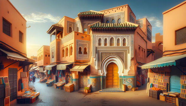 a tourism shop ceramic streets muslim Marrakech sale old town historic adventure travel Morocco market trade African vacation marketplace street city Marrakesh bazaar Moroccan store Arabic door Africa
