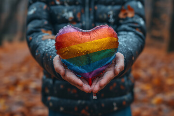 A man holds an inflatable rainbow balloon in his hands.