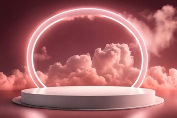 Blank circle white glowing light frame on round podium in dreamy fluffy cloud with aesthetic maroon neon sky background