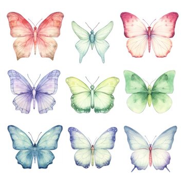 The image features nine colorful butterflies in different shapes and sizes, painted in watercolor on a white background.