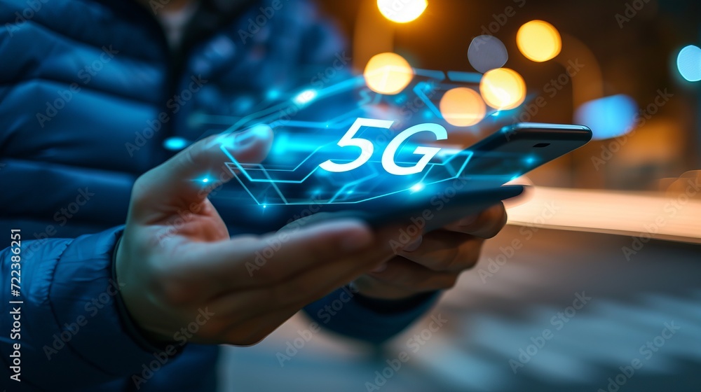 Poster interactive holographic 5g text icon shining over mobile phone in hands with copy space