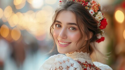 A beautiful girl smiling looks at the camera in festive clothes