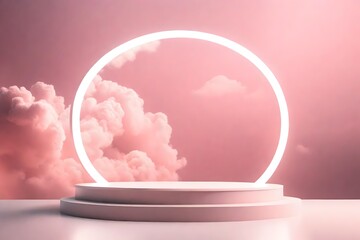 Blank circle white glowing light frame on round podium in dreamy fluffy cloud with aesthetic pink neon sky background