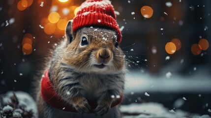 a squirrel dressed as Santa Claus during Christmas in the snow - obrazy, fototapety, plakaty