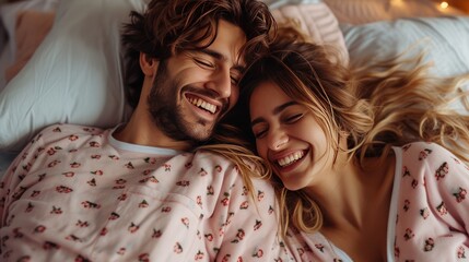 A happy couple in matching pajamas laughs while lying in bed - obrazy, fototapety, plakaty