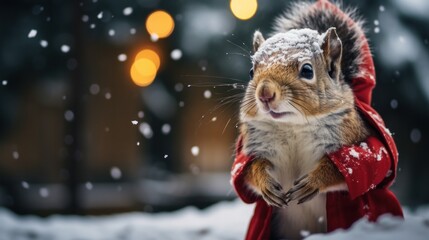 a squirrel dressed as Santa Claus during Christmas in the snow