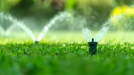 Fototapeten Automatic sprinkler system watering green grass and lawn in a beautiful garden landscape © Ilja