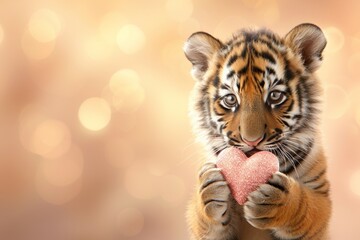 Tiger cub giving heart shaped gift, cute animals for valentine s day on magical defocused background