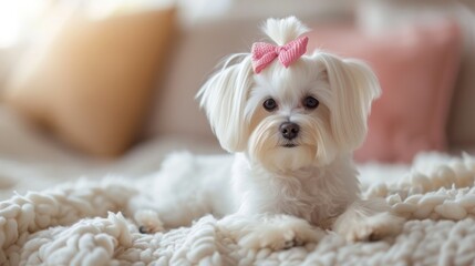 A beautifully groomed white Maltese dog with a pink bow on her head looks at the camera