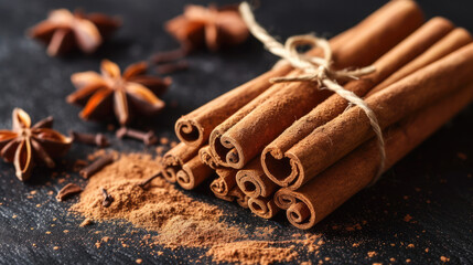 Cinnamon sticks on a wooden background. Cinnamon spice in a spoon and bowl. Ceylon cinnamon. - obrazy, fototapety, plakaty