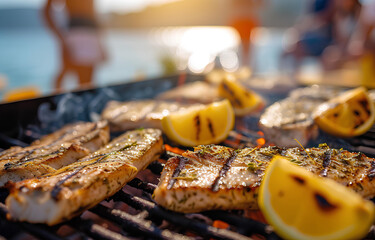 Barbecue fish steaks on grille on people party seaside blurred b - obrazy, fototapety, plakaty