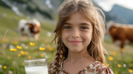 A beautiful girl with a glass of milk in her hand looks smiling at the camera