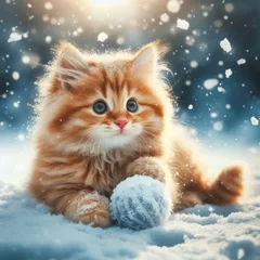 Plexiglas schilderij  Red fluffy kitten plays in the snow  © Natalia