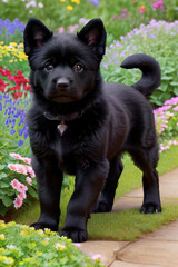 Little black dog, on the lawn, generated by AI.