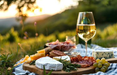 Picnic with white wine served outside with cheese and charcuteri - obrazy, fototapety, plakaty