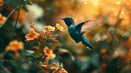 Fototapeta premium Beautiful hummingbird hovering near orange flowers in sunny garden