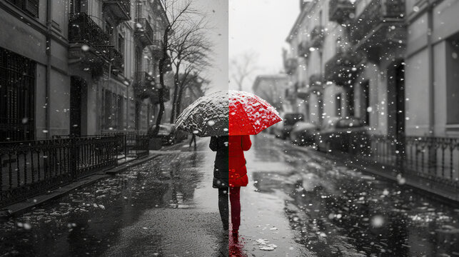 old black and white concept combined with bright vibrant color , a man walking on street