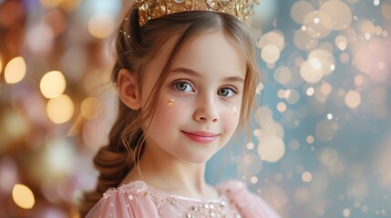 Obraz na płótnie Canvas A beautiful 10-year-old girl in a pink dress and a gold crown on her head looks at the camera, smiling