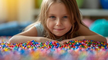 A little girl of eight years old collects beads for herself from multi-colored plastic round beads