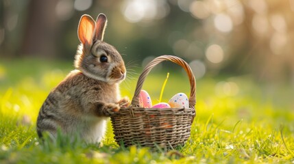 A cute Easter bunny stands on a green lawn and holds in his paws a wicker basket with colorful...