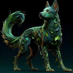 Enchanting canine embodying the Brazilian Curupira folklore, a mythical creature with vibrant fur, supernatural agility, and mischievous charm. A fusion of biological marvels and cultural mystique, th