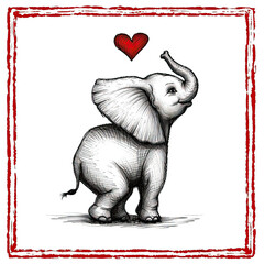 cute elephant sketch with red frame outline on white background