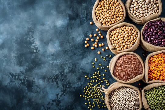 BURLAP BAGS WITH LEGUMES. VIEW FROM ABOVE ON DARK BACKGROUND.