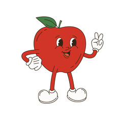 Retro Cartoon Character Fruit Set. Vector Funny Illustration with Banana, Cherry, Lemon, Strawberry, Watermelon 