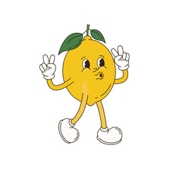 Retro Cartoon Character Fruit Set. Vector Funny Illustration with Banana, Cherry, Lemon, Strawberry, Watermelon 