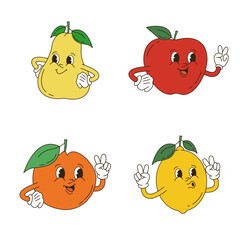 Retro Cartoon Character Fruit Set. Vector Funny Illustration with Banana, Cherry, Lemon, Strawberry, Watermelon 
