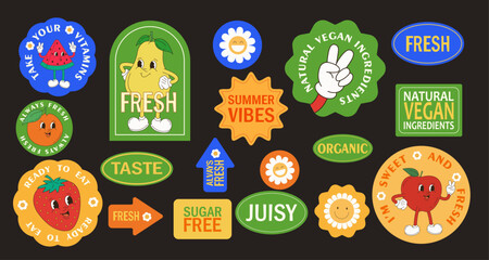 Fruit retro funky cartoon stickers. Comic character of cherry strawberry banana watermelon, slogan, quotes and other elements. Groovy summer vector illustration. Fruits berries juicy sticker pack