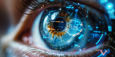 Futuristic Vision Concept with Digital Eye Interface.
Close-up of a human eye with digital graphics overlay indicating tech progress.