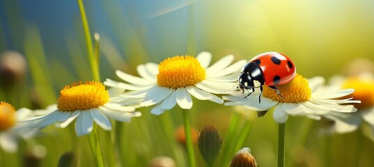 Bright minimalistic spring background with ladybug on white flower   abstract modern scene