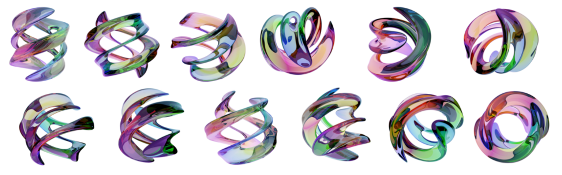 Set of 3d transparent glossy shapes with dispersion effect. Rainbow colors reflection glass. 3d glass spheres with crystal dispersion effect. Abstract empty glassy square with prism holographic