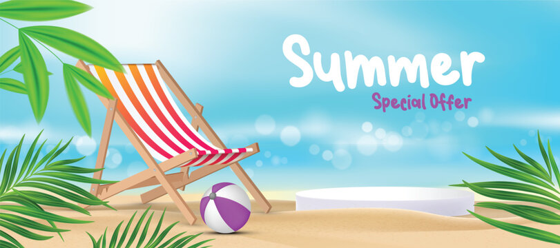 summer sale offer banner template with product podium, Beach chair in sand, deck chair