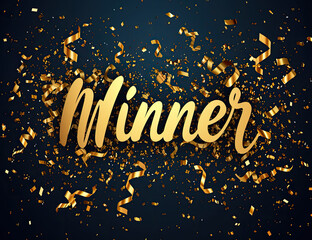 
A glittering gold text that reads "Winner" is surrounded by flying confetti, creating a luxurious congratulations banner. The bright celebration background signifies success and champions