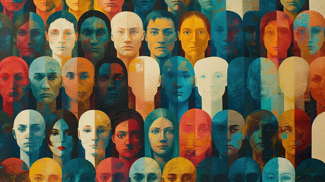 concept of Belonging Inclusion Diversity Equity DEIB, group of multicolor painted people