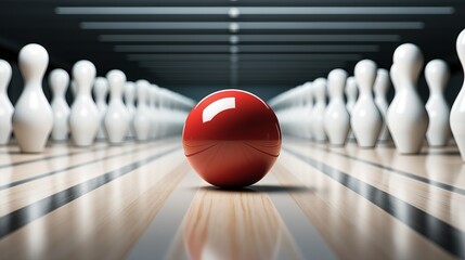 Bowling strike   ball crashing into pins on alley line during competition or tournament - obrazy, fototapety, plakaty