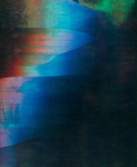 Broken screen. Distressed texture. Blue red green color glowing defect dust scratches glitch noise damaged distressed glass texture dark black illustration abstract background.