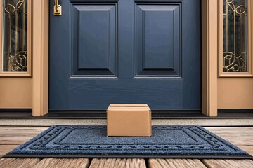 Online shopping delivery service concept  cardboard parcel box delivered near front door